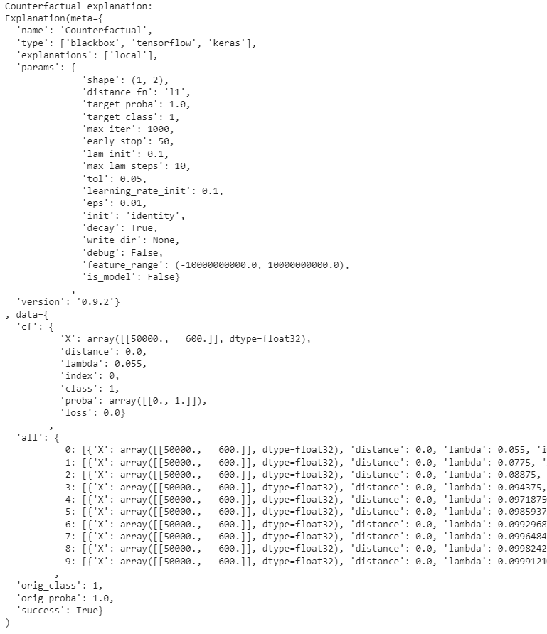 A code example of counterfactual explanations