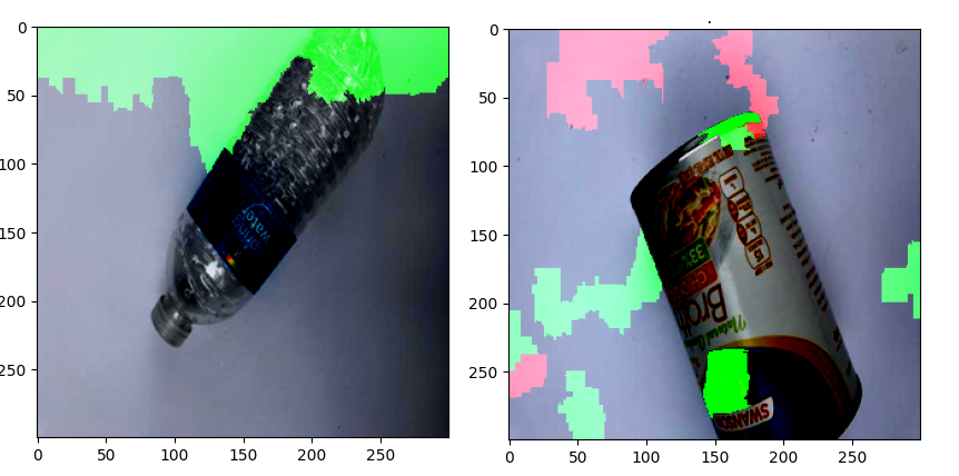 images of a bottle and a can where the areas that count into the explanation are showed green